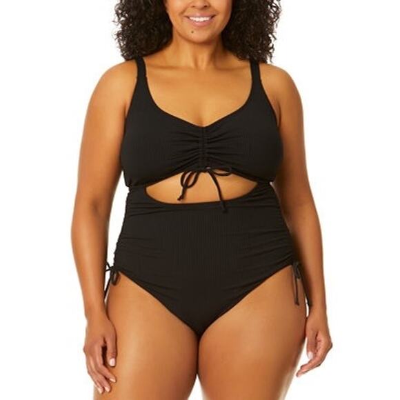 Salt + Cove Black Plus Size Leopard Love Cutout Ruched One-Piece Swimsuit 1X NWT - Picture 1 of 6